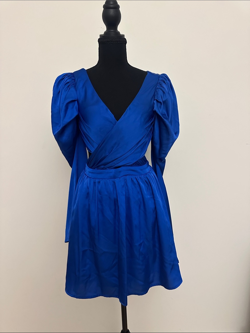 Mustard Seed Royal Blue Wrap Mini Dress with Puff Sleeves